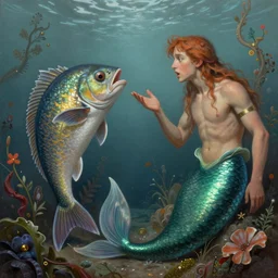 a surreal matte painting of a half man half fish talking to a mermaid, in the style of esao andrews, digital painting, photorealistic, ornately detailed, unreal engine, extremely detailed masterpiece, illustration, trending on artstation