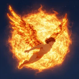 icarus on fire, his wings burning as he flies too close to the sun in space. art by tomasz alen kopera and glenn fabry.