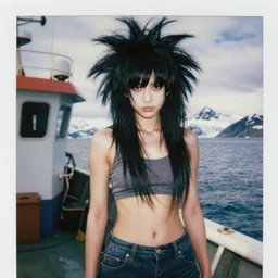 black - haired girl with wild spiky black saiyan hair with long bangs over her eyes, hair covering eyes, muscular, wearing casual clothing, standing on an alaskan fishing vessel, mekoryuk, alaska, 1 9 6 5, polaroid, kodachrome, grainy photograph