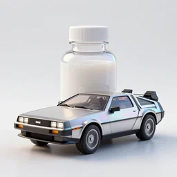 concept art of a white iridescent liquid dietary supplement in a transparent round bottle designed like a delorean of back to the future, by auang guangjian and gil elvgren and sachin teng, blue and white tones, digital painting, artstation, concept art, smooth, sharp foccus ilustration hq