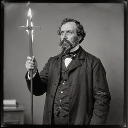 daguerreotype of a stern preacher holding a burning cross