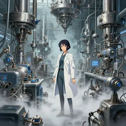 in the hightech laboratory full of different advanced metal equipments very high details, volumetric fog, raytracing anime style girl in labcoat, fantastic details, anime art, trending on artstation, pixiv, makoto shinkai key visual kyoto animation studio ghibli tran ross and alphonse mucha and wlop concept art