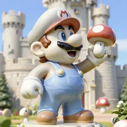 a massive porcelain sculpture in a medieval castle of super mario spewing mushrooms from his mouth