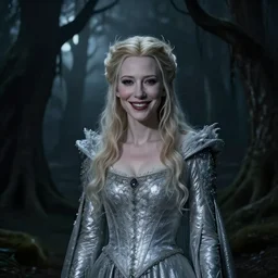 portrait of ((mischievous)), baleful young, (dark eyed) smiling (Cate Blanchett) as Galadriel as a queen of fairies, dressed in a beautiful silver dress. The background is a dark, creepy eastern europen forrest.  night, horroristic shadows, high contrasts, lumnious,  photorealistic, dreamlike, (mist filters), theatrical, character concept art by ruan jia, John Anster Fitzgerald, thomas kinkade, and J.Dickenson, trending on Artstation