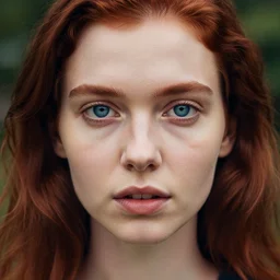 close up portrait photograph of a thin young redhead woman with russian descent, sunbathed skin, with deep blue symmetrical!! eyes with round!! Black!! Pupils, and Wavy long maroon colored hair who looks directly at the camera, with a Slightly open mouth, face takes up half of the photo. a park visible in the background. 55mm nikon. Intricate. Very detailed 8k texture. Sharp. Cinematic post-processing. Award winning portrait photography. Sharp eyes.