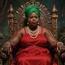 A Concept art foreshortening portrait of the chubby Voodoo Lady from Monkey Island videogame | with a green turban | with a Red dress | Pearls necklace | Siting in her big Voodoo throne | Fat black woman | Detailed Voodoo Throne. cinematic lighting, highly detailed, realistic details, rendered in Octane, cgsociety, 4k post-processing highly detailed, realistic face, trending on artstation, by craig mullins. Steve Purcell. H 1280