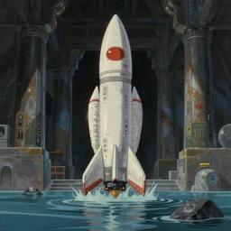 hyperrealist, studio ghibli dull colors painting from close encounters of the third kind 1 9 7 7 of a scientist rocketing standing in a flooded temple.