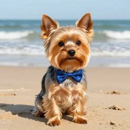 a Yorkshire terrier at the beach wearing a bow tie, extremely detailed masterpiece, illustration, by Michael Sowa,