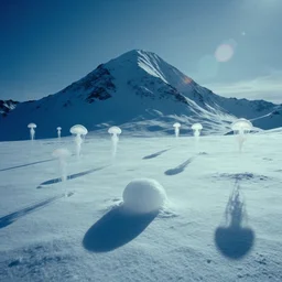 the first snow on a young earth, majestic landscape, long shadows, glowing white jellyfish, still frame from the voyage of time movie by terrence malick with cinematogrophy of emmanuel lubezki with art direction of giger, ultra wide 1 0 mm lens, anamorphic optical flares, 8 k
