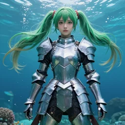 real photograph of a hyperrealistic ultradetailed anime - styled girl dressed in steel plate armor, gorgeous, posed, physically textured, standing under the sea, vibrant, made by wlop, trending on artstation, green pigtails, lifelike human, dreamlike, k - pop person, 3 d, extremely immersive, sharp focus, art by studio ghibli