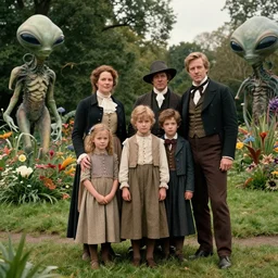sharp, highly detailed, 9216k film, 17500mm film still from a sci fi blockbuster color movie made in 2019, set in 1860, of a family standing in a park, next to some strange alien plants and flowers, on an alien planet, the family are all wearing 1860s era clothes, good lighting, enhanced faces,  atmospheric, 350mm f/1.4L lens