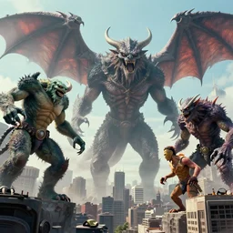 mythical monsters attacking a city. low camera angle. 1 9 9 0 s failure pictures.