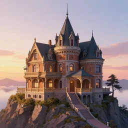 a close - up image of a victorian chateau on the top of a mountain at sunrise, artgerm, anime style, magic, fantasy, concept art, octane render, unreal engine 5, trending on artstation, trending on deviantart, highly detailed, high quality, color painting, geometrically correct, high coherence, path traced, digital art, masterpiece