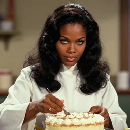the image is a lost hollywood film still 1 9 9 0 s photograph of a guardian priestess black woman with dark brown skin, long, swirling black hair, and jade colored eyes, baking a cake. vibrant cinematography, anamorphic lenses, crisp, detailed image in 4 k resolution.