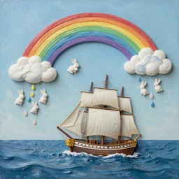 3d high relief painting of sea like jelly,Rainbow clouds like rabbits floating lightly in the air, Sailing ship,dreamy, soft , highly detailed,  expressive impressionist style, in the style of William Schneider