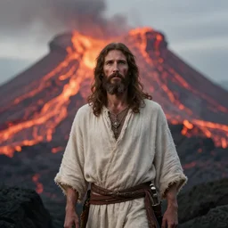 stunning national geographic portrait photograph of jesus the lord of destruction in his natural habitat, blurred lava volcanic background, soft vignette, bokeh, photo taken by marsel van oosten, joel sartore, diablo 3