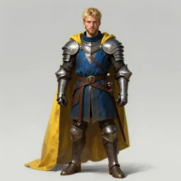 a rugged young knight with blonde hair and blue eyes and a short beard and a scar under his left eye wearing a blue shirt steel pauldrons and a yellow cape and leather boots concept art by Tony Sart and Greg Rutkowski, realistic, highly detailed, masterpiece, ArtStation