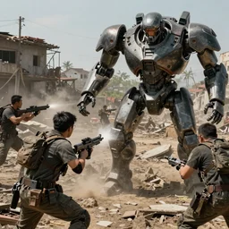 Ragtag human militia fighting advanced humanoid combat robots in a devastated village in 2020, close up combat photography by Feng Zhu, highly detailed, excellent composition, cinematic concept art, dramatic lighting, trending on ArtStation