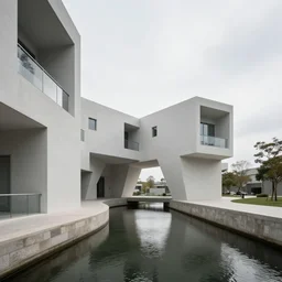 biophilic design, minimalist parametric architecture, futurist, utopian, simple coherent structures, built above canals