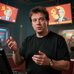 Joe Rogan as a teacher. 1980s dystopian Soviet Russia, propaganda screens. Unreal engine, fantasy art by Betty Jiang. Faithfully depicted facial expression, perfect anatomy global illumination, radiant light, detailed and intricate environment