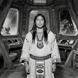 portrait of Iroquois warrior standing in front of a space ship command center with windows, cockpits with comoles futuristic machinery, space ship interrior in alien nostromo style, ornaments and tribal decorations on robes, black and white old photo, vintage