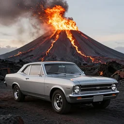 a 1 9 6 7 chevy nova, parked in an active volcano, plumes of flame, metal sparks