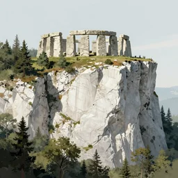 concept art by alejandro burdisio of a white marble cliff in a meditereanian forest, with stone henge on top