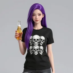 thin white girl with long purple hair wearing a black t - shirt with skulls on the shirt and holding a beer standing next to a raven perched on a branch with festival tents behind them, full color digital illustration in the style of don bluth, artgerm, artstation trending, 4 k