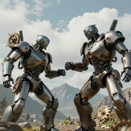 two giand futuristic Sci-Fi robot fighting each other, landscape, steampunk, gears, close up, cloudy, mountains on background, peaceful day