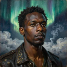 a detailed painting portrait of black kray, black kray, inspired by moebius and beksinski aurora lighting. clouds and stars. smoke. futurism. fantasy. by beksinski carl spitzweg. baroque elements. baroque element. intricate artwork by caravaggio. oil painting. oil on canvas. award winning. dramatic. trending on artstation. 8 k