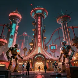 concept art, massive retro - futurist steampunk theme park, octane render, artstation, androids, big top, towering rollercoaster, carnival robots, dramatic neon lighting, glowing circus motifs, red turquoise accents, bladerunner, by gerald brom, james jean, syd mead, akihiko yoshida, cinematic