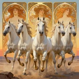 7 galloping white horses in the desert sunset, volumetric lights, art nouveau, intricate, highly detailed, digital painting, artstation, concept art, smooth, sharp focus, cinematic, illustration, beautiful faces, art by artgerm and greg rutkowski and alphonse mucha