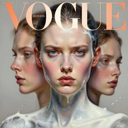 3 d, close - up, frown fashion model, liquid metal and milk, vogue cover style, poster art, hyper detail, intricate oil painting, multiple exposure, rene magritte mood, 3 d by tooth wu and wlop and beeple and greg rutkowski
