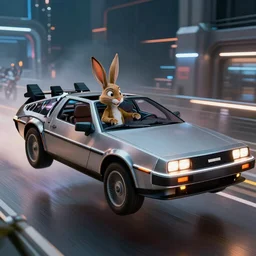 cinematic still, blade runner, roger rabbit in a flying delorean, high quality, futuristic