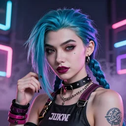 a vibrant, close-up, studio photographic portrait of Jinx, in futuristic London, cyberpunk aesthetic, neon lights, smoke, 4k high resolution, trending on Pinterest