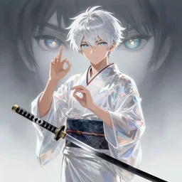 shiki third personality as the avatar of a higher-dimensional being in nasuverse universe, wears a bright clear kimono with a graceful gesture, showing discernment, but full of affection, holding long katana, with her mystical death of perception eyes active , hyperdetailed, matte painting, concept art