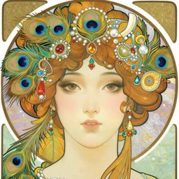 realistic detailed face portrait of an otherworldly fairy tale Peacock Goddess with colorful feathers and ornate jewels in her hair by Alphonse Mucha, Ayami Kojima, Amano, Charlie Bowater, Karol Bak, Greg Hildebrandt, Jean Delville, and Mark Brooks, Art Nouveau, Neo-Gothic, gothic, rich deep peacock colors