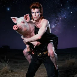 david bowie giving a piggy back ride to ziggy stardust. glam rock. cosmic. peter elson. crisp faces