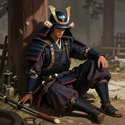 a samurai rests after a long battle, digital art, volumetric lighting
