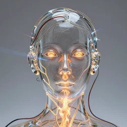 glass sculpture of a woman's face, glowing veins, lasers, plastic, glowing eyes, fire in the background, Masterpiece, wires everywhere, by Edgar Maxence and Ross Tran, Zdzisław Beksiński, and Michael Whelan, distant, gustav dore, H.R. Giger, 8k, octane render