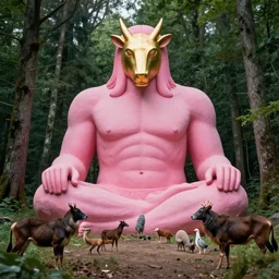 giant pink god with a golden animal mask on a forest clearance surrounded by animals by Beksinski