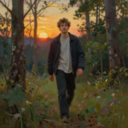 attractive man walking in the forest, sunset, painting by daniel f. gerhartz, j. c. leyendecker, tom of finland, trending on artstation