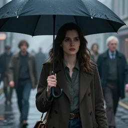 a cinematic extreme close - up of ( ( ( a woman holding umbrella walking in the street ) ) ), misty evening, fantasy art, highly detailed matte painting, telephoto lens 2 0 0 mm, by stanley artgerm lau, greg rutkowski, thomas kinkade, alphonse mucha, loish, norman rockwell, artstation