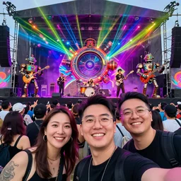 a selfie of happy people at an outdoor festival stage with audience, on stage is a rockband with 3 steampunk robots with guitars and drums, center of the stage is a big steampunk generator, laser show, 8 k, fluorescent colors, halluzinogenic, multicolored, exaggerated detailed, unreal engine, 8 0 mm lens