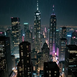 3 5 mm atmospheric night urban photographic landscape of dystopian blade runner 1 9 8 2 city, matte painting, cinematic composition, futuristic dystopian megacity with countless varied mega - skyscrapers endlessly rising into the horizon, falling acid rain, neon, dramatic cinematography 3 5 mm