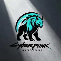 cyberpunk minotaur logo, cyan and black, abstract