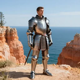 full length portrait of a male warrior fully clad in plate armor standing on the shoreline looking out at the ocean, rendered in bryce 3 d and daz, ray - tracing, water ripples, sunset, vibrant color, depth of field, cinematic lighting, sharp focus, rule of thirds, trending on artstation
