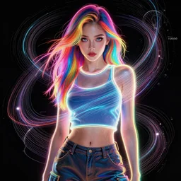 a award winning half body portrait of a beautiful woman with stunning eyes in a croptop and cargo pants with rainbow colored hair, outlined by whirling illuminated neon lines and fine lines swirling in circles by jesper ejsing, rhads, makoto, shinkai, lois van baarle, ilya kuvshinov, ossdraws, outrun, vaporware, digital art, trending on artstation, highly detailed, fine detail, intricate