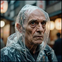 Kodak Portra 400, 8K, highly detailed, H.R Giger style 3/4 extreme closeup portrait, clear eyes, focus on clear transparent raincoat terrified old model, tilt shift h.r giger style background: famous blade runner remake, tokyo izakaya scene