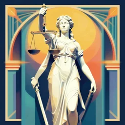 ( ( dither ) ), editorial illustration, statue of lady justice, modern art deco, colorful, ( ( mads berg ) ), christopher balaskas, victo ngairich grainy texture, detailed, dynamic composition, wide angle, gustav klimt, moebius, wood block print, risograph